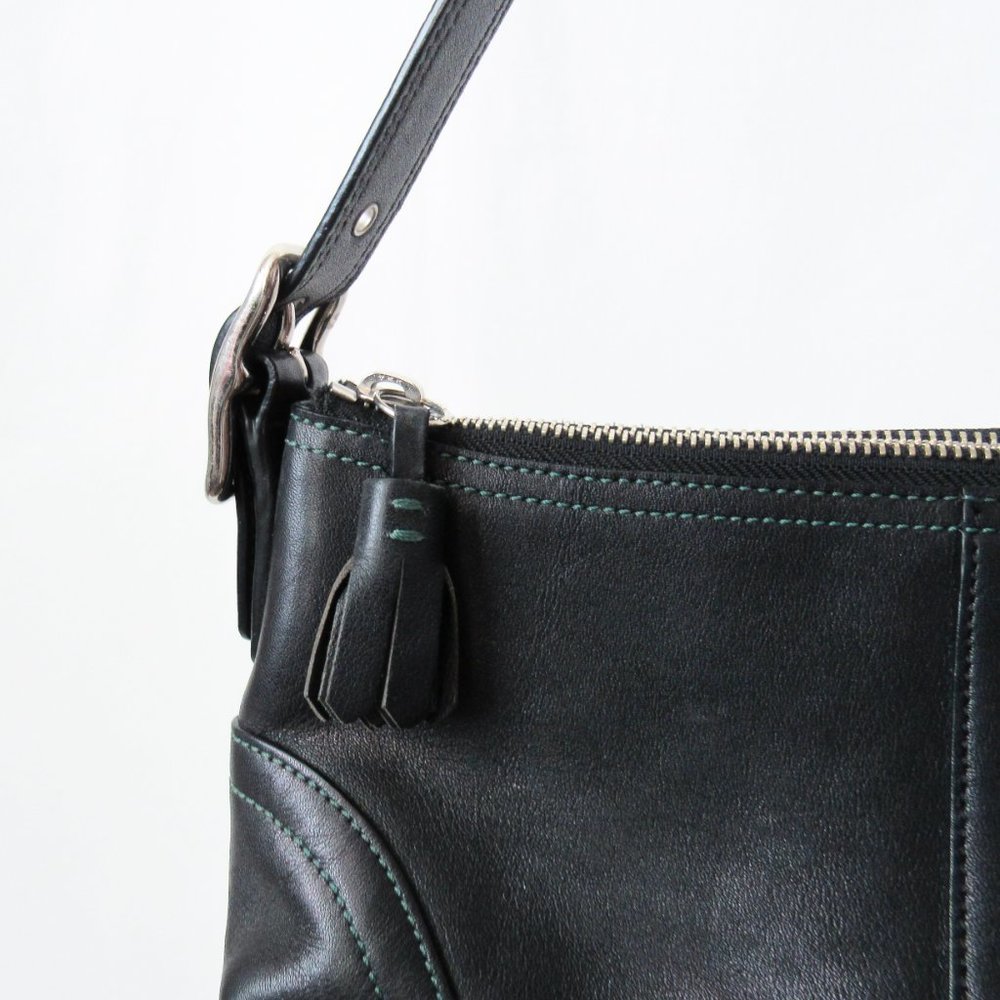 VINTAGE 90S COACH Leather Satchel Mini /Black W/ Green Stitching Chic & Sleek~ - Picture 6 of 11